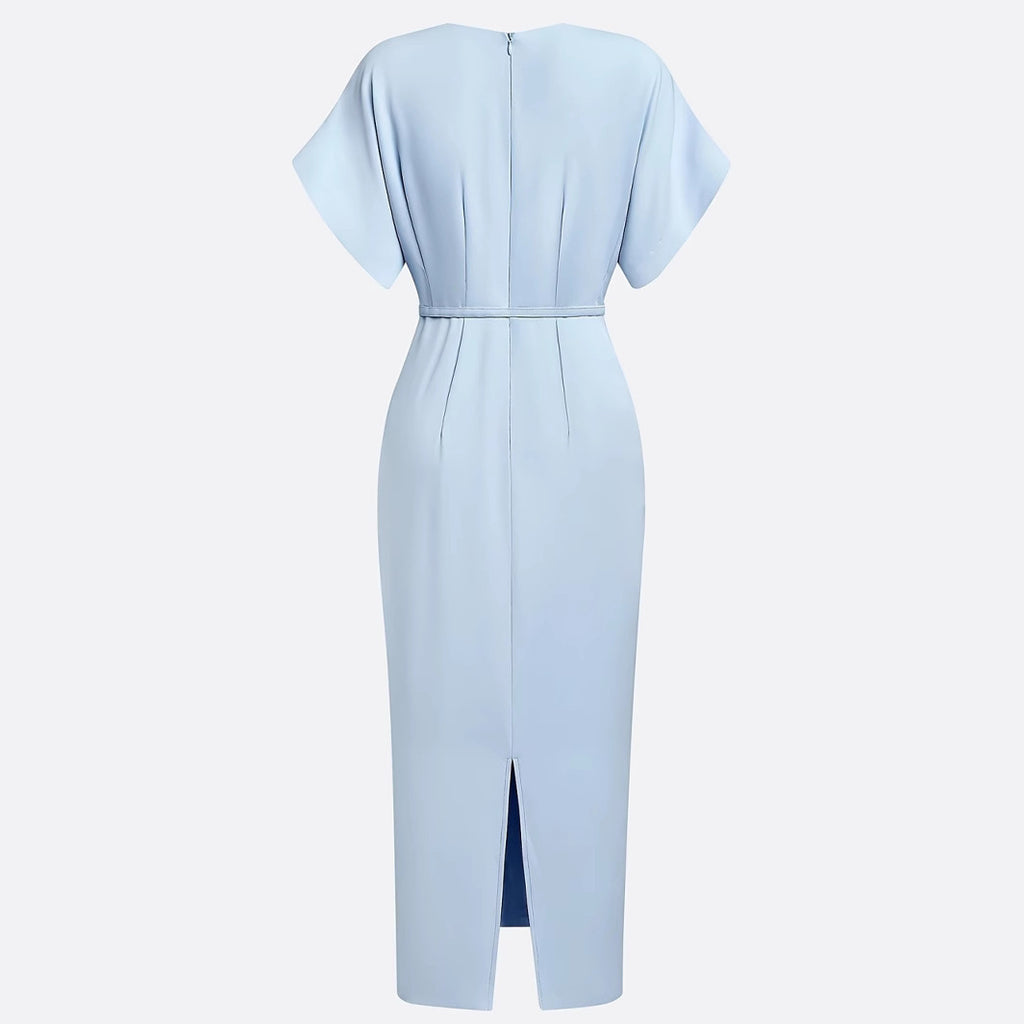 Elegant Classic V-neck Slim-fit Mid-length With Belt Dress
