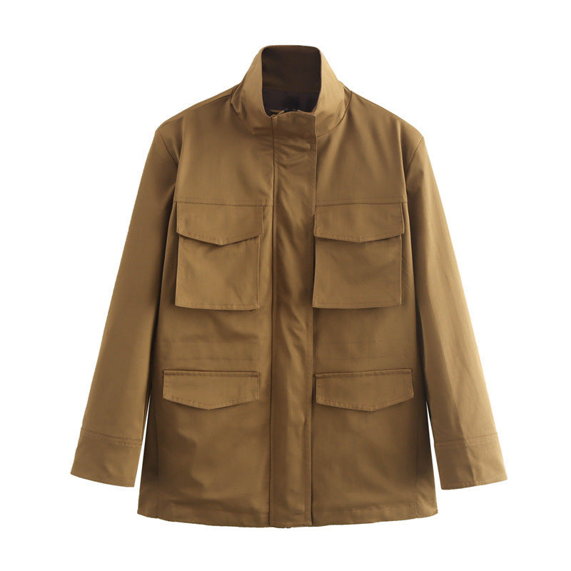 Women's Fashion Casual Stand Collar Long Sleeve Pocket Decorative Coat