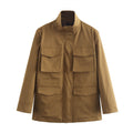 Women's Fashion Casual Stand Collar Long Sleeve Pocket Decorative Coat