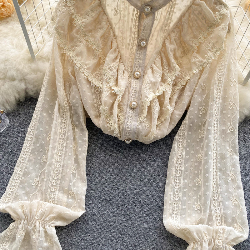 Women's Stand Collar Ruffle Lace Long Sleeve Shirt