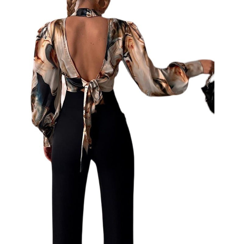 Women's Stand Collar Long Sleeve Lantern Sleeve Cutout Top