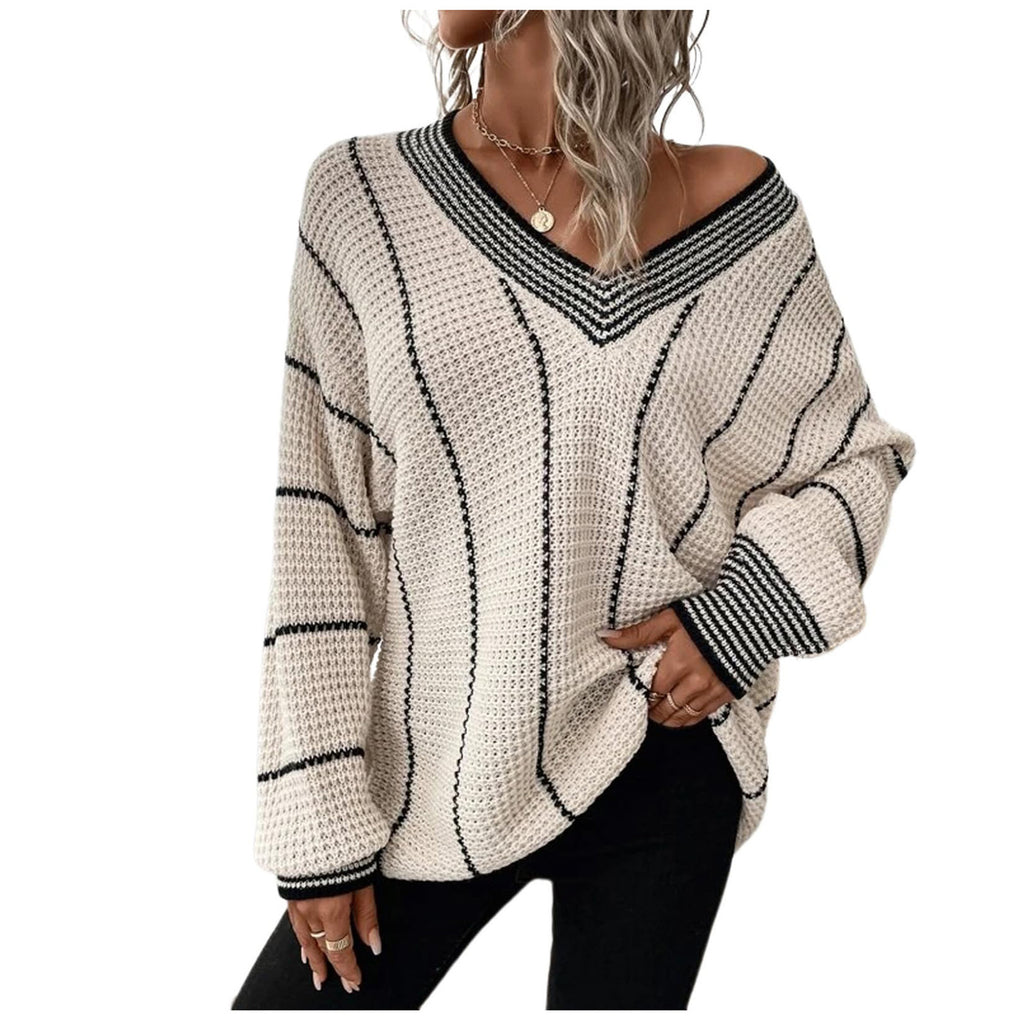 Autumn And Winter Knitted V-neck Striped Sweater