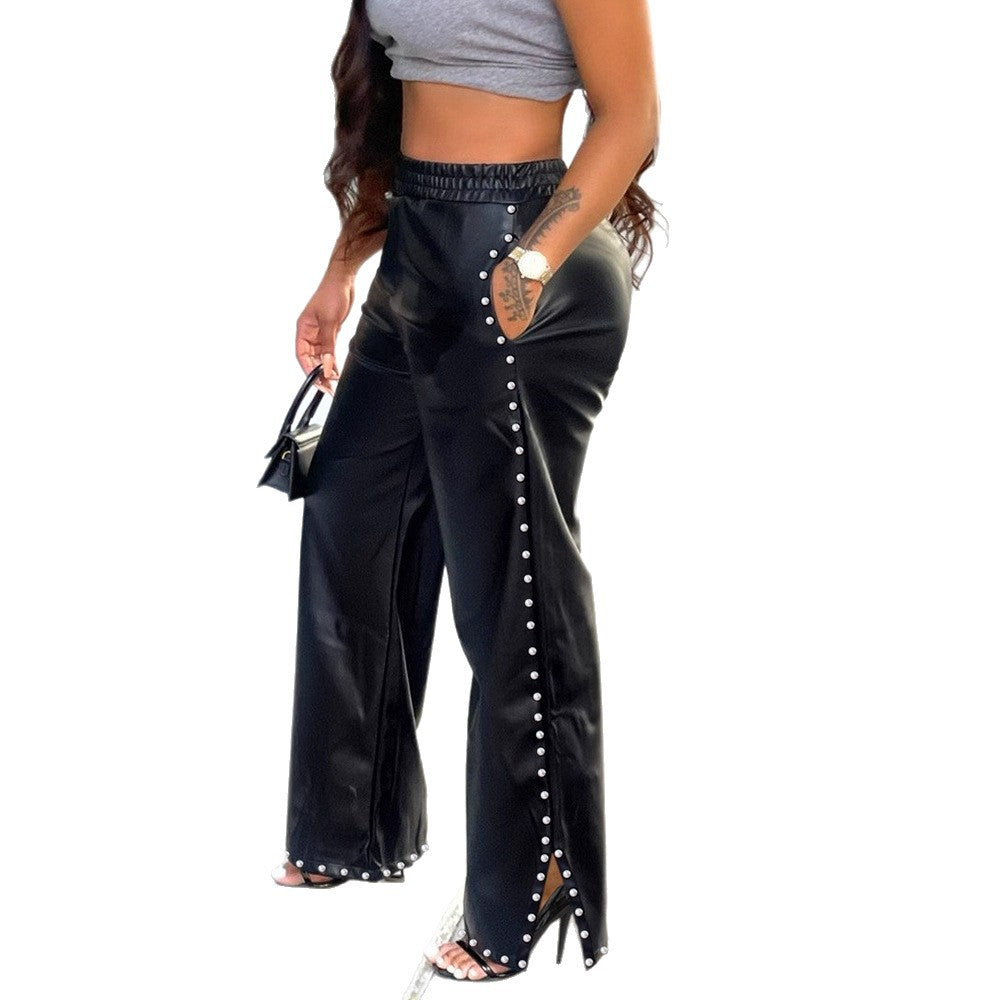 Solid Color Rhinestone Pocket Casual Loose Wide Leg Pants PU Leather Pants