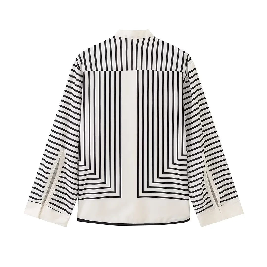 Women's Round Neck Striped Slit Long Sleeve Shirt