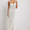 Style Knitted Long Skirt Women's Suspender Skirt Side Slit Backless Hollow Pattern Knitted Dress