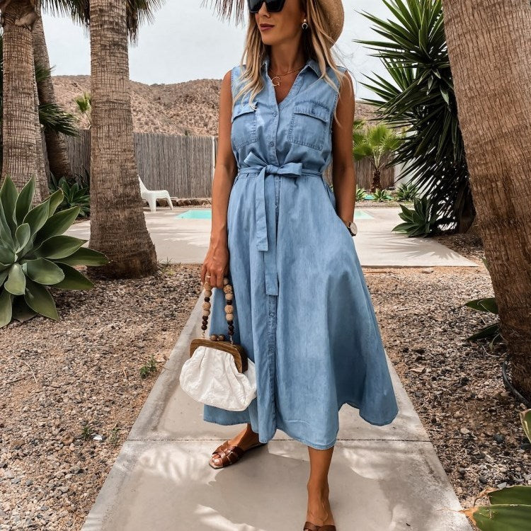 Single Breasted Denim Dress Without Sleeve Length And Lace Up