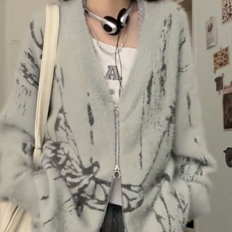 Printed Sweater Coat Mink-like Cut Loose Casual