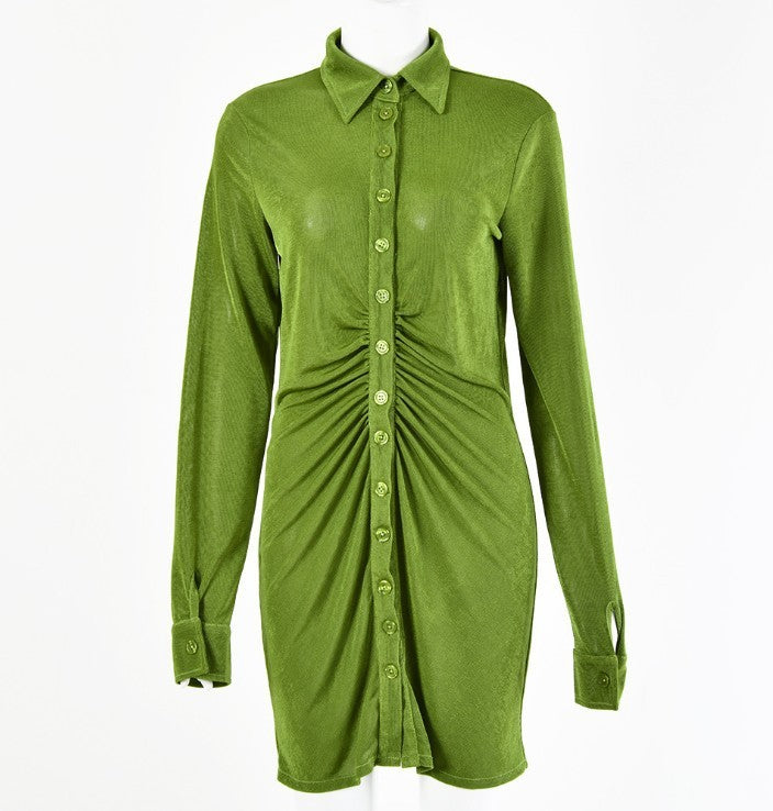 Sexy Long-Sleeved Lapel Single-Breasted Pleated Cardigan Dress