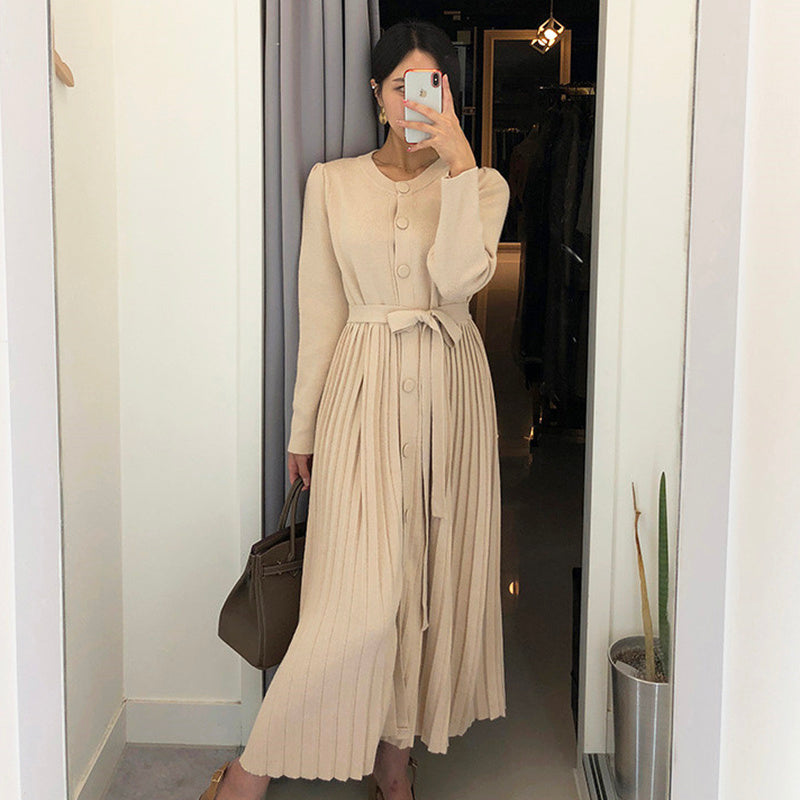 Round neck single-breasted lace-up bow knitted pleated dress