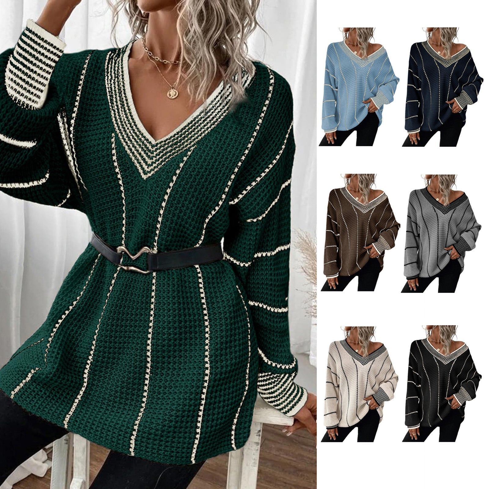 Autumn And Winter Knitted V-neck Striped Sweater