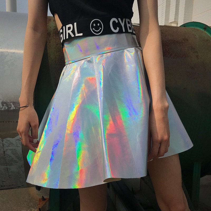 Laser glossy pu half-length leather skirt