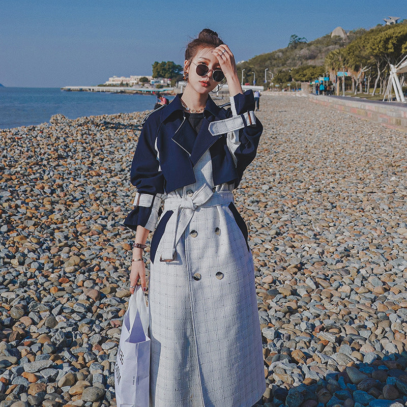 Women's Windbreaker Korean Style Hit Color Double-breasted Plaid Fashion Mid-length Coat