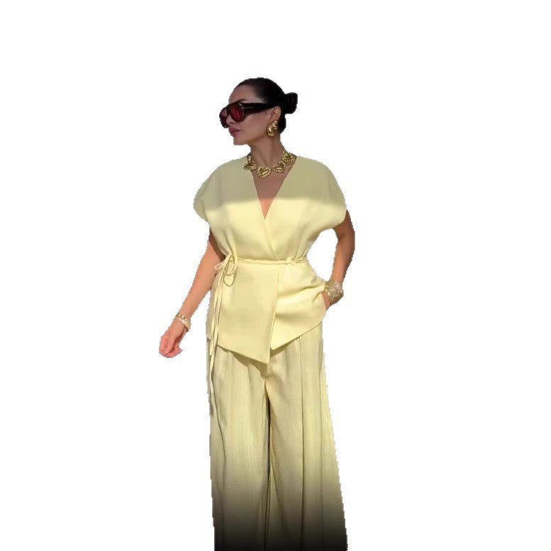 Elegant Solid Color Vest Lace-up Waist-controlled Top Trousers