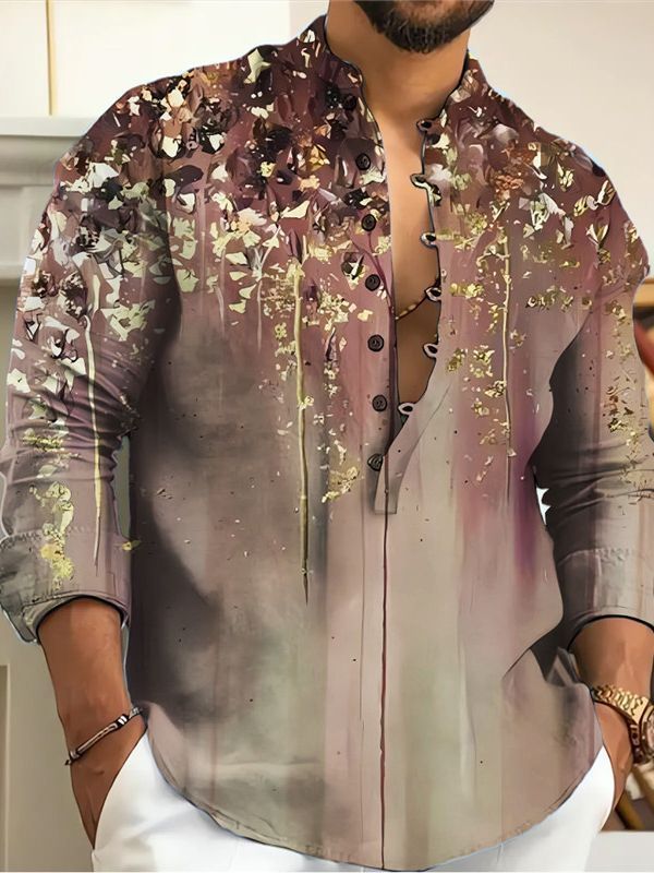 Young Casual Thin Printed Long Sleeve Stand Collar Men's Shirt