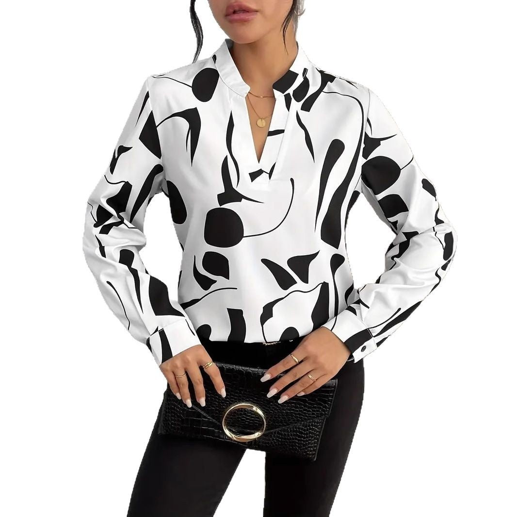 Women's Printed Notched Collar Shirt Long Sleeve