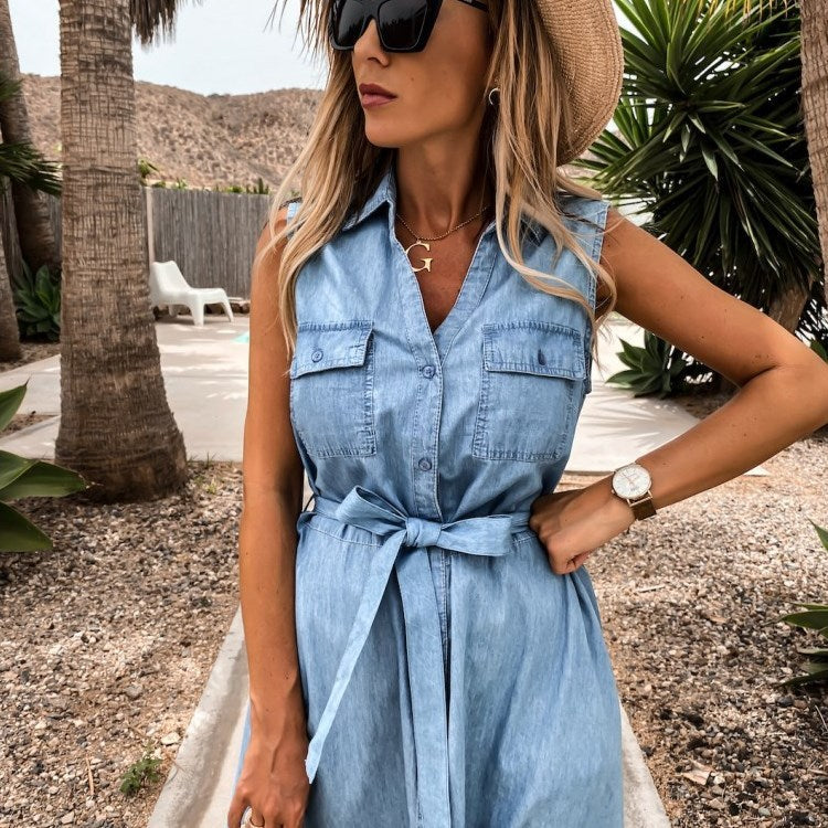 Single Breasted Denim Dress Without Sleeve Length And Lace Up