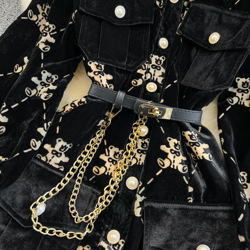 Single Breasted Lapel Gold Velvet Dress