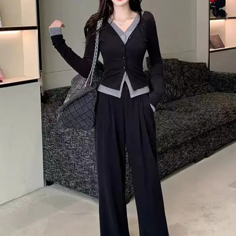 Plus Size Women's Fake Two-piece Top High Waist Wide Leg Pants Two-piece Set