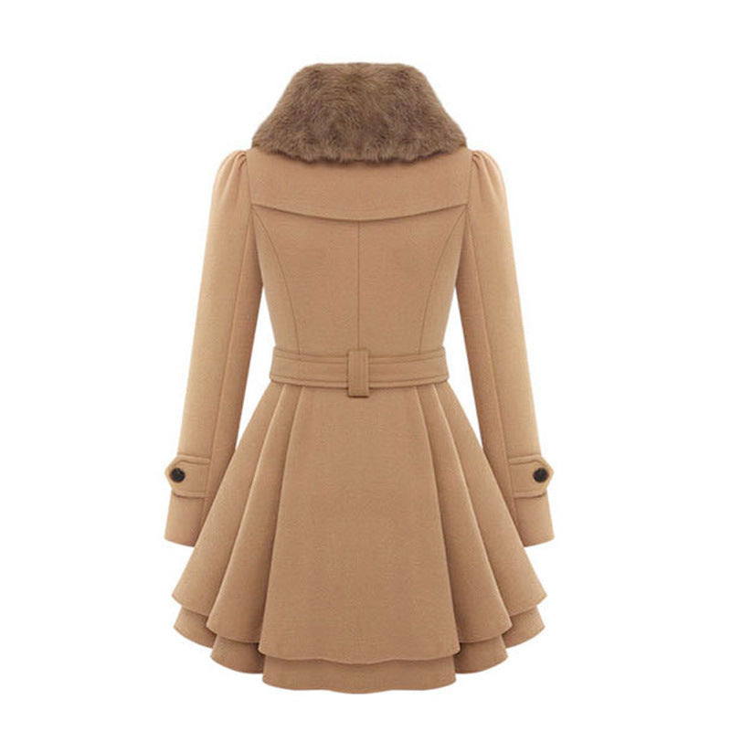 Women's Slim Mid-length Woolen Coat With Belt Thickened Double-breasted Padded Windbreaker Coat