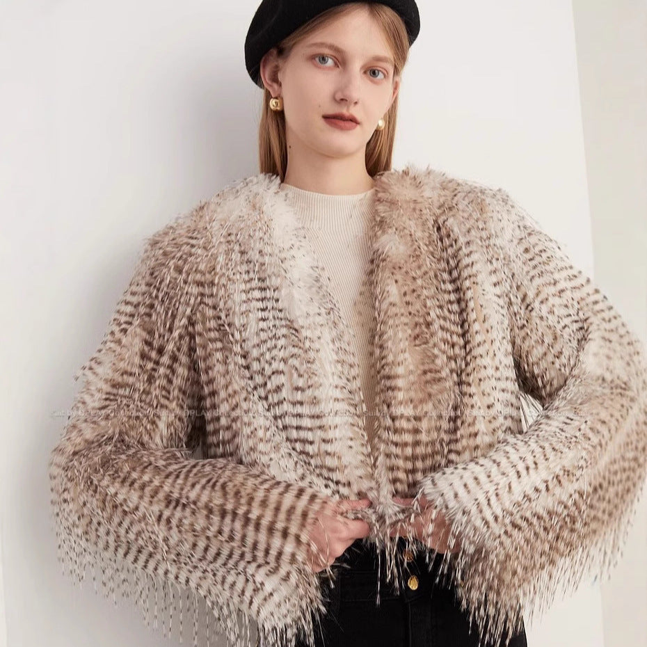 Short Autumn And Winter Women's Jacquard Plush Jacket Peacock Fur Fur