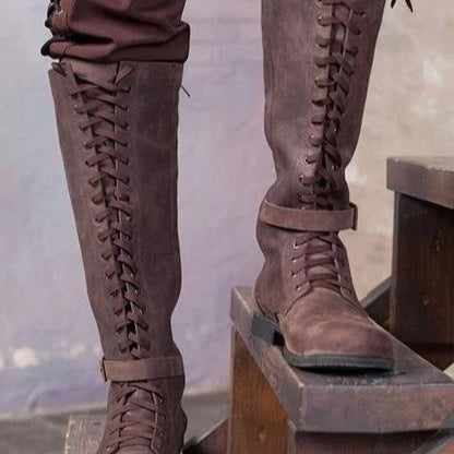 Long Boots Female High Tube Lace-up Low Heel