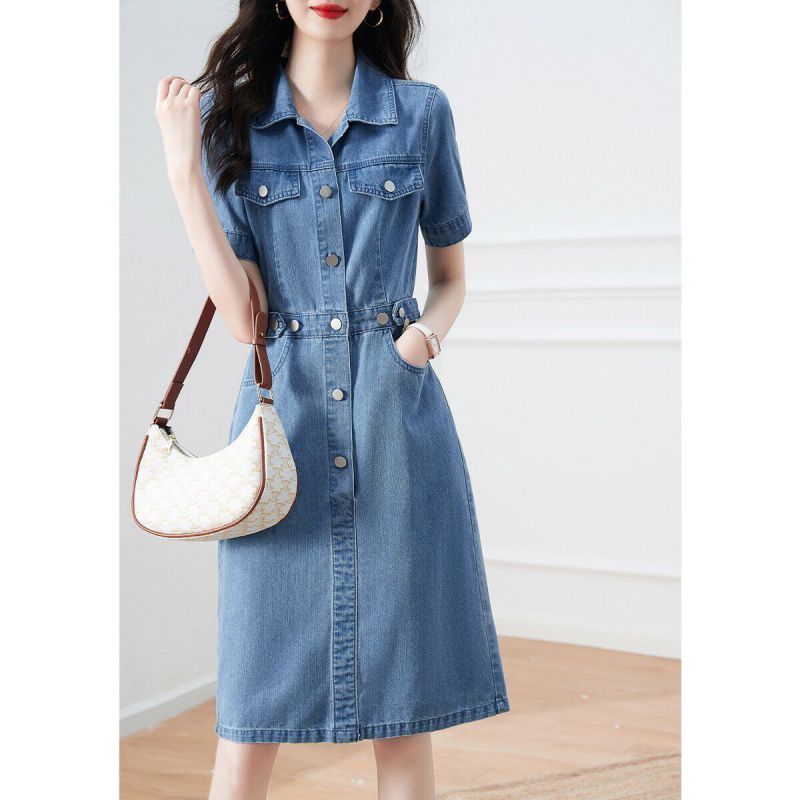 Women's Thin Temperament Single Breasted Retro Denim Dress