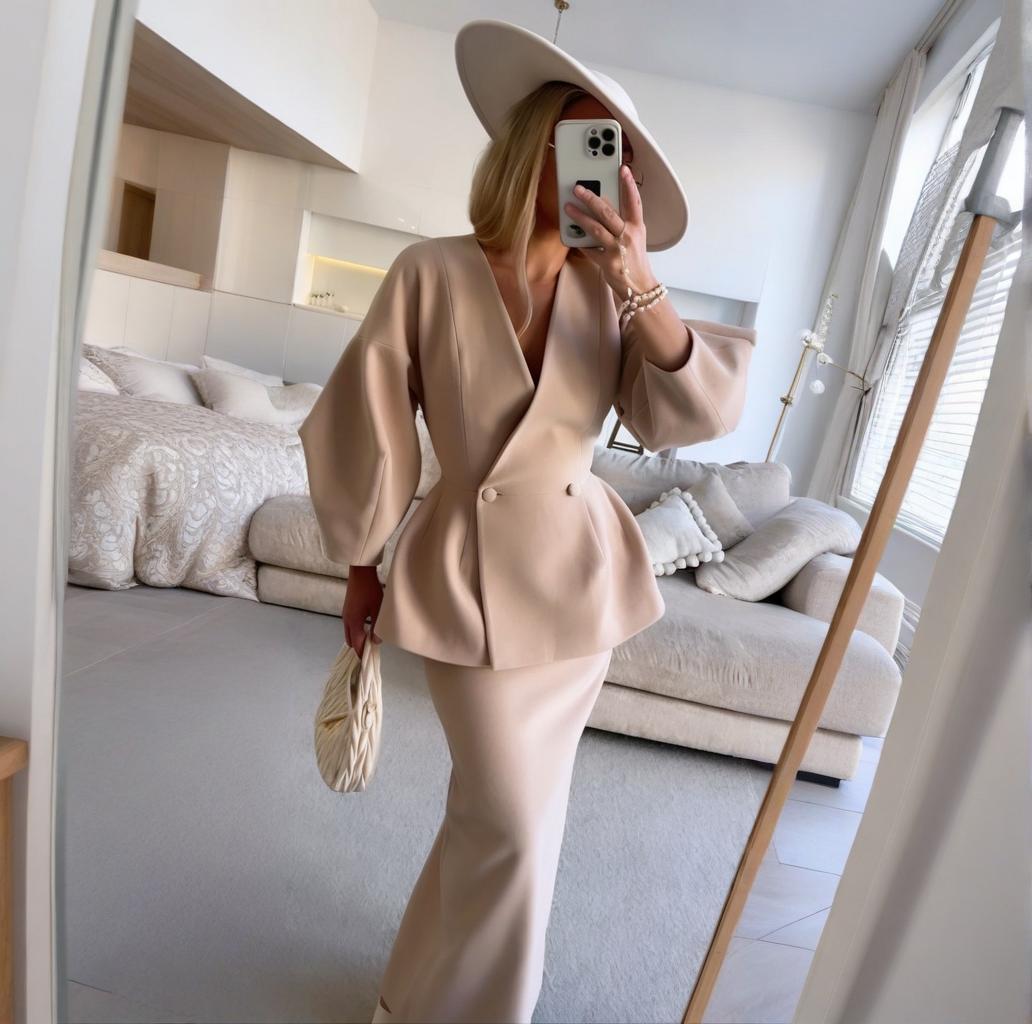 Women's Fashion Solid Color Buttons Puff Sleeve Skirt Dress Suit