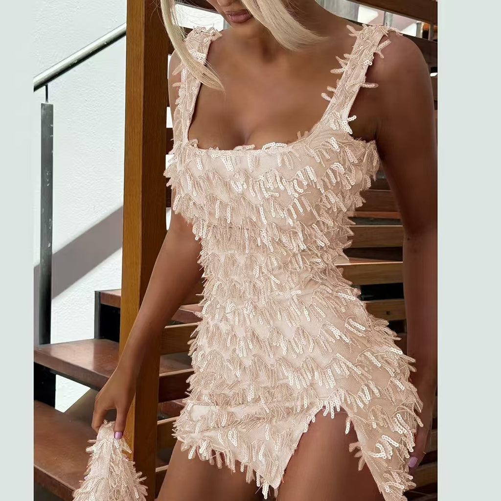 Off-the-shoulder Strap Hip Skirt Split Furry Dress