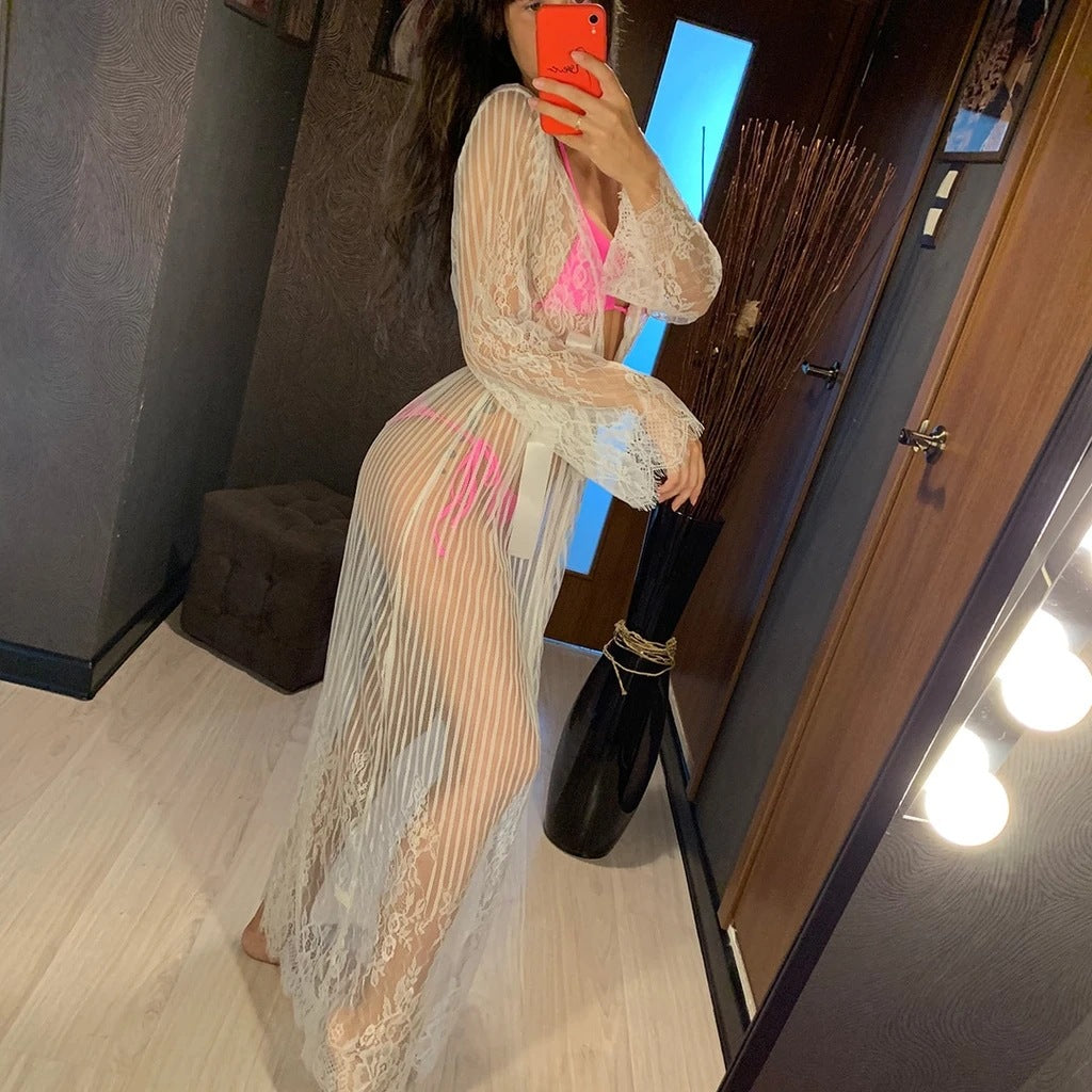 Lace Mesh Sling See-Through Home Long Dress