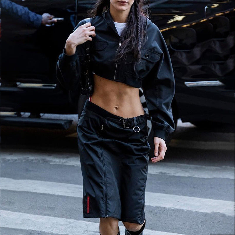 American Style Hooded Short Coat Women's Long Sleeve Zipper