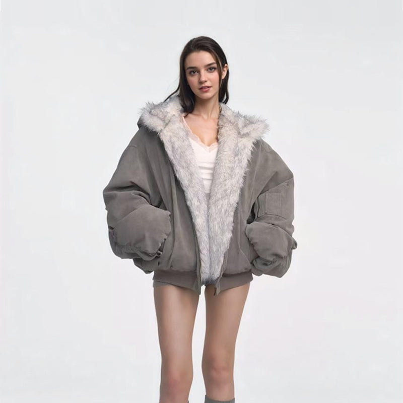 Gray Double-sided Dyed Pointed Fur Vintage Cotton-padded Jacket Coat