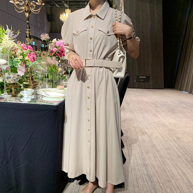 Gentle Simple Lapel Single Breasted Pleated Waist Dress