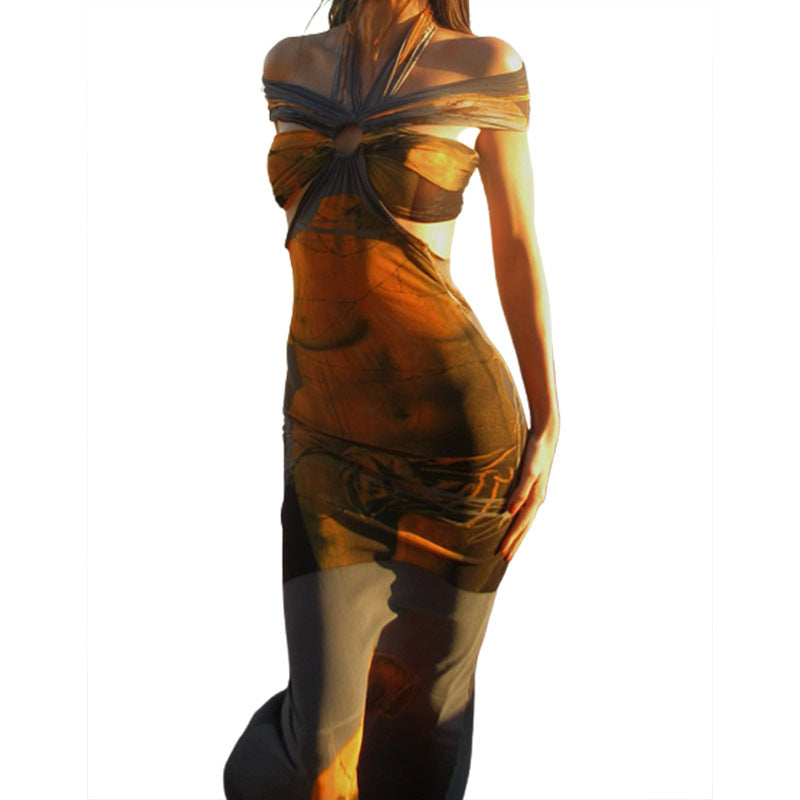 Women's Sexy Hanging Neck Open Back Printed Dress