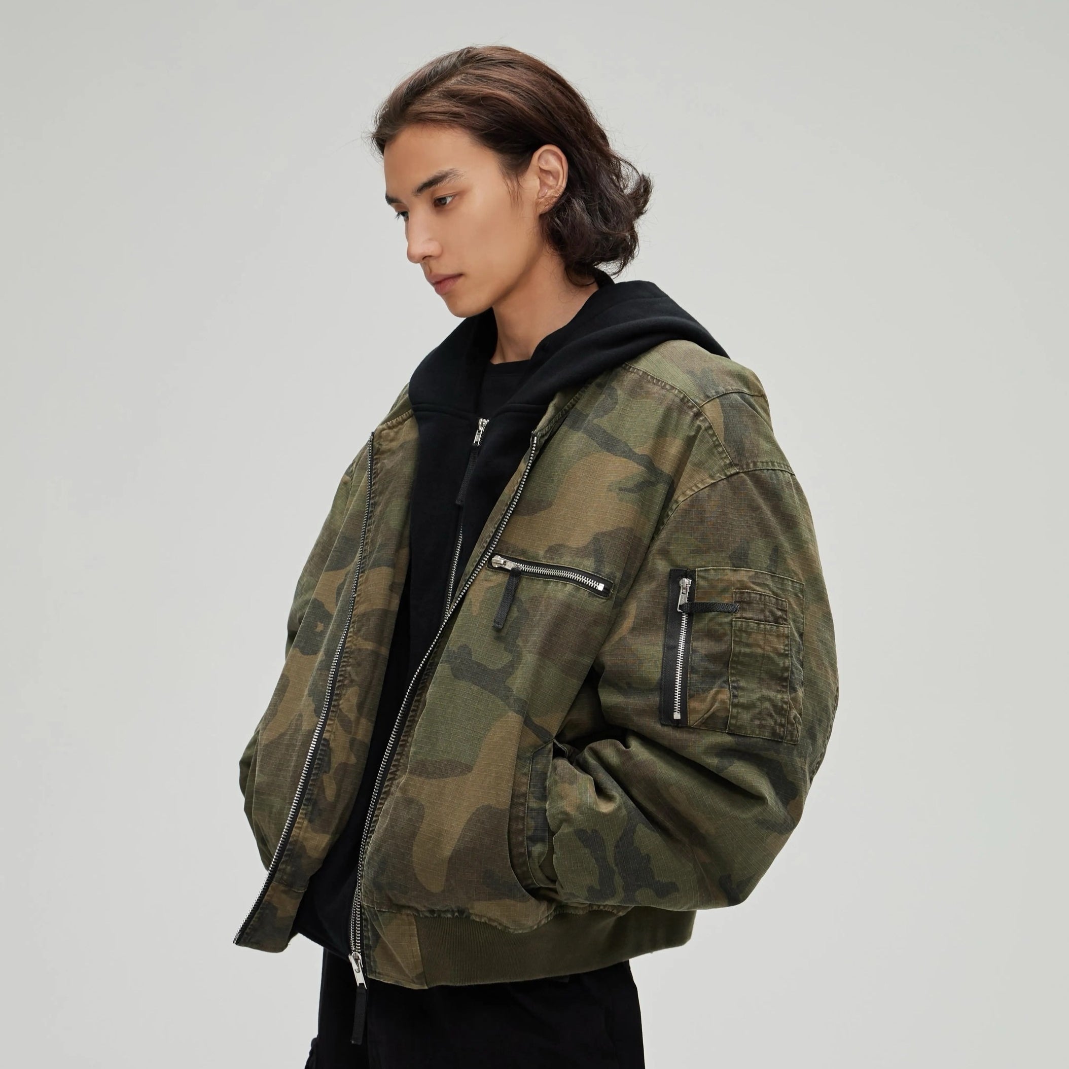 Leisure Washed-out Distressed Camouflage Fake Two-piece Cotton-padded Jacket