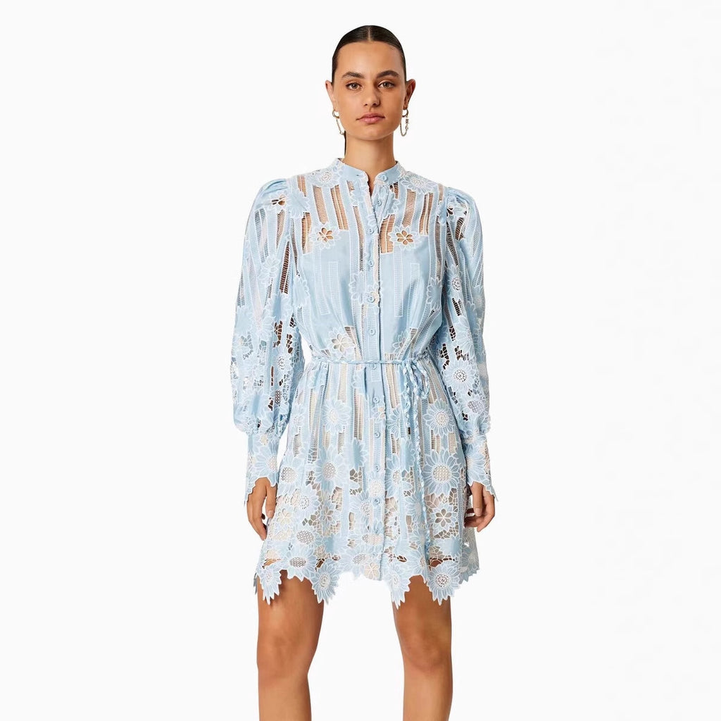 Single-breasted Woven Belt Flower Embroidery Hollow Dress