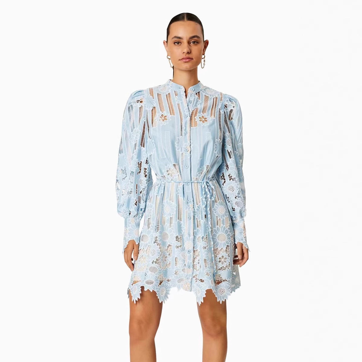 Single-breasted Woven Belt Flower Embroidery Hollow Dress