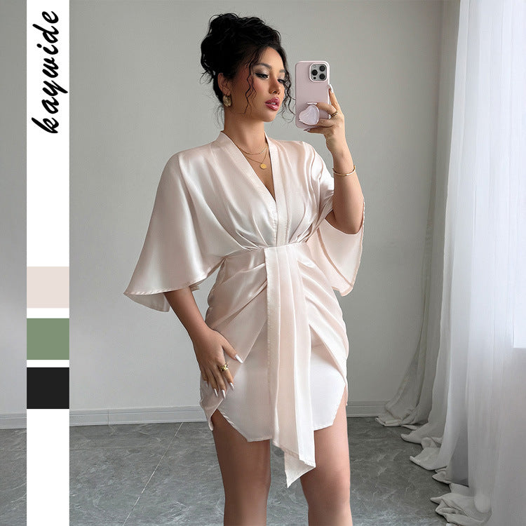 High-end Simple Style Deep V Waist Wide Sleeve Hip Skirt Dress