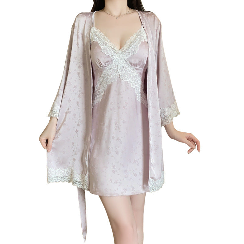 Deep V Push Up And Chest Pad Nightdress Lace-up Outerwear Gown