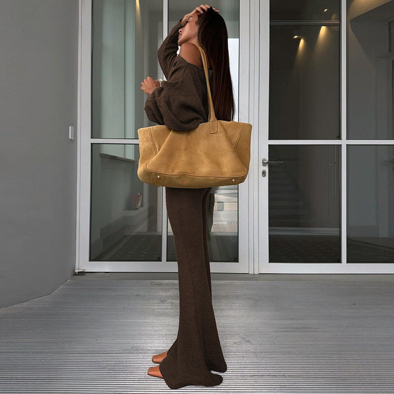 Instagram-style Off-shoulder Long-sleeve High-waist Flared Pants Fashionable Women's Suit