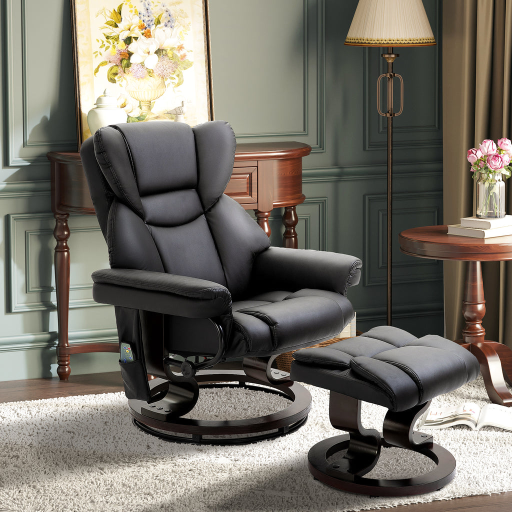 Massage Recliner Chair with Ottoman Footrest, 10 Vibration Points, 360° Swivel Reclining Chair, Faux Leather Living Room Chair with Side Pocket and Remote Control, Black