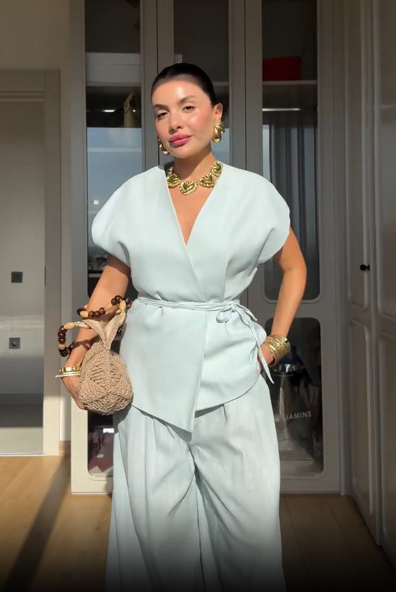 Elegant Solid Color Vest Lace-up Waist-controlled Top Trousers