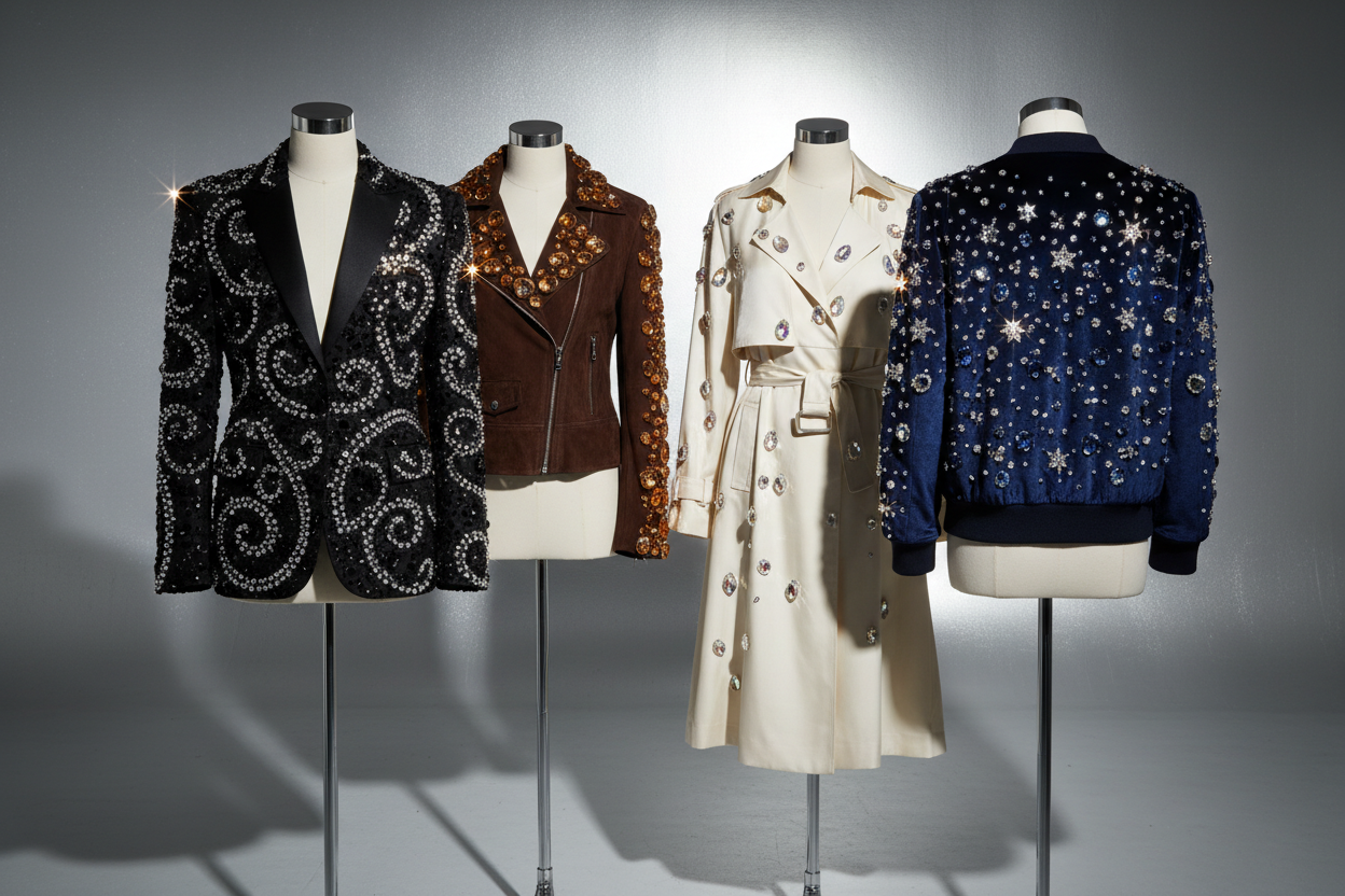 4 jacken mit kristallen auf schwarze jacke, braun und begue