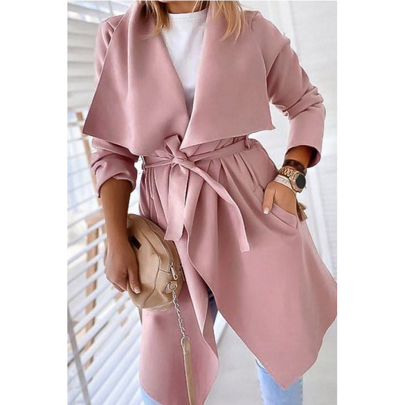 Lapel solid color long trench coat