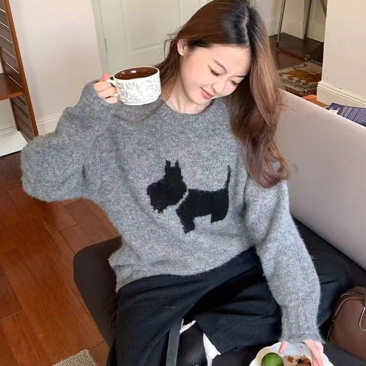 Idle Style Round Neck Loose Puppy Pattern Pullover Sweater For Women