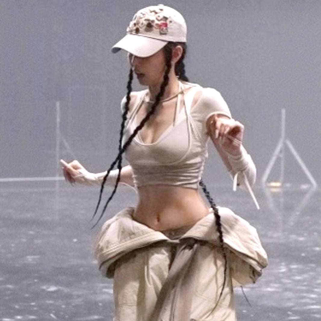 Hollow-out Faux Two-piece High-waisted Cropped Top