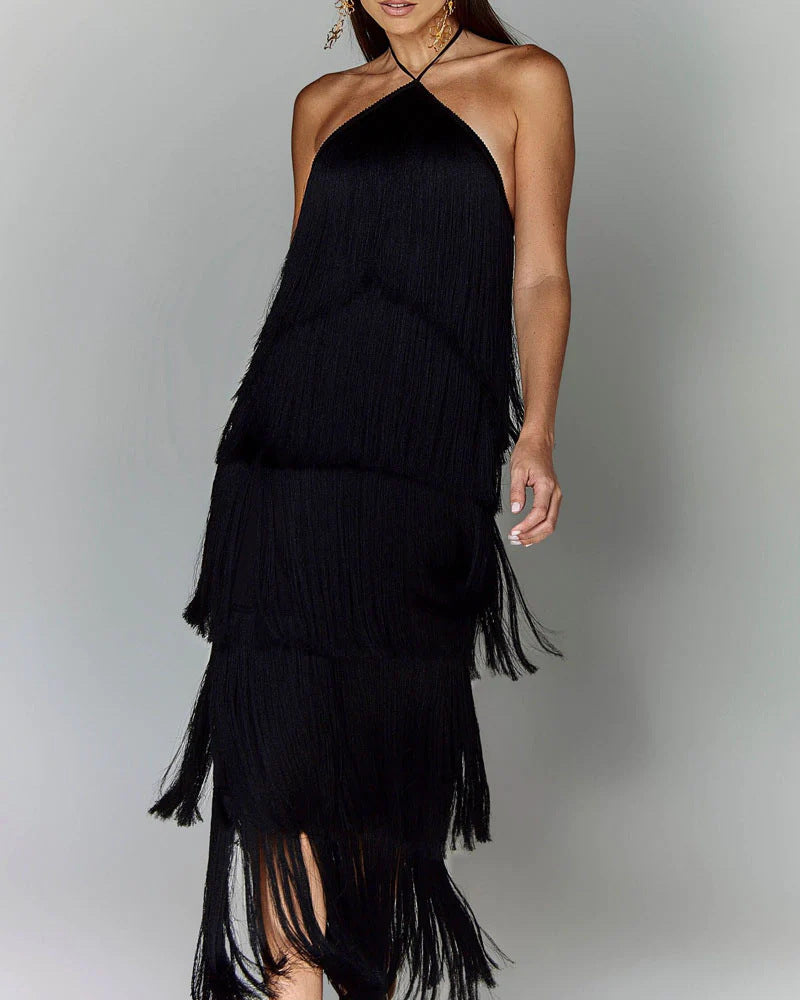 Fashion Halter Tassel Backless Slit Dress
