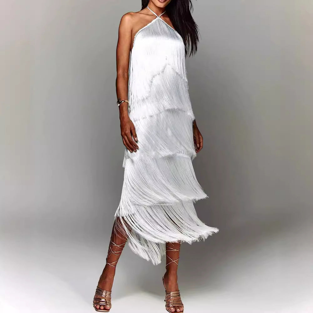 Fashion Halter Tassel Backless Slit Dress