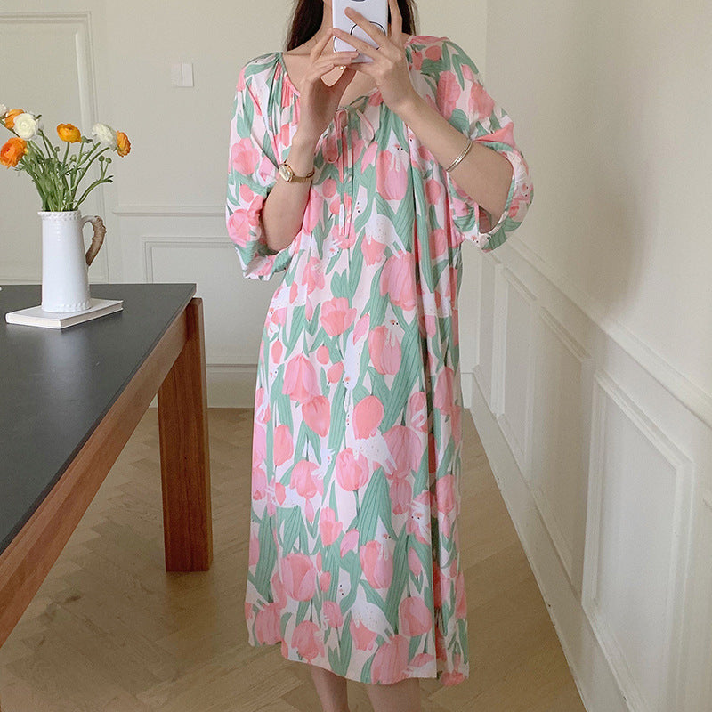 Women's Printed Cotton Nightdress Striped Plus Size Pajamas