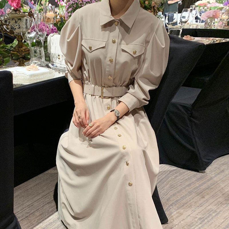 Gentle Simple Lapel Single Breasted Pleated Waist Dress