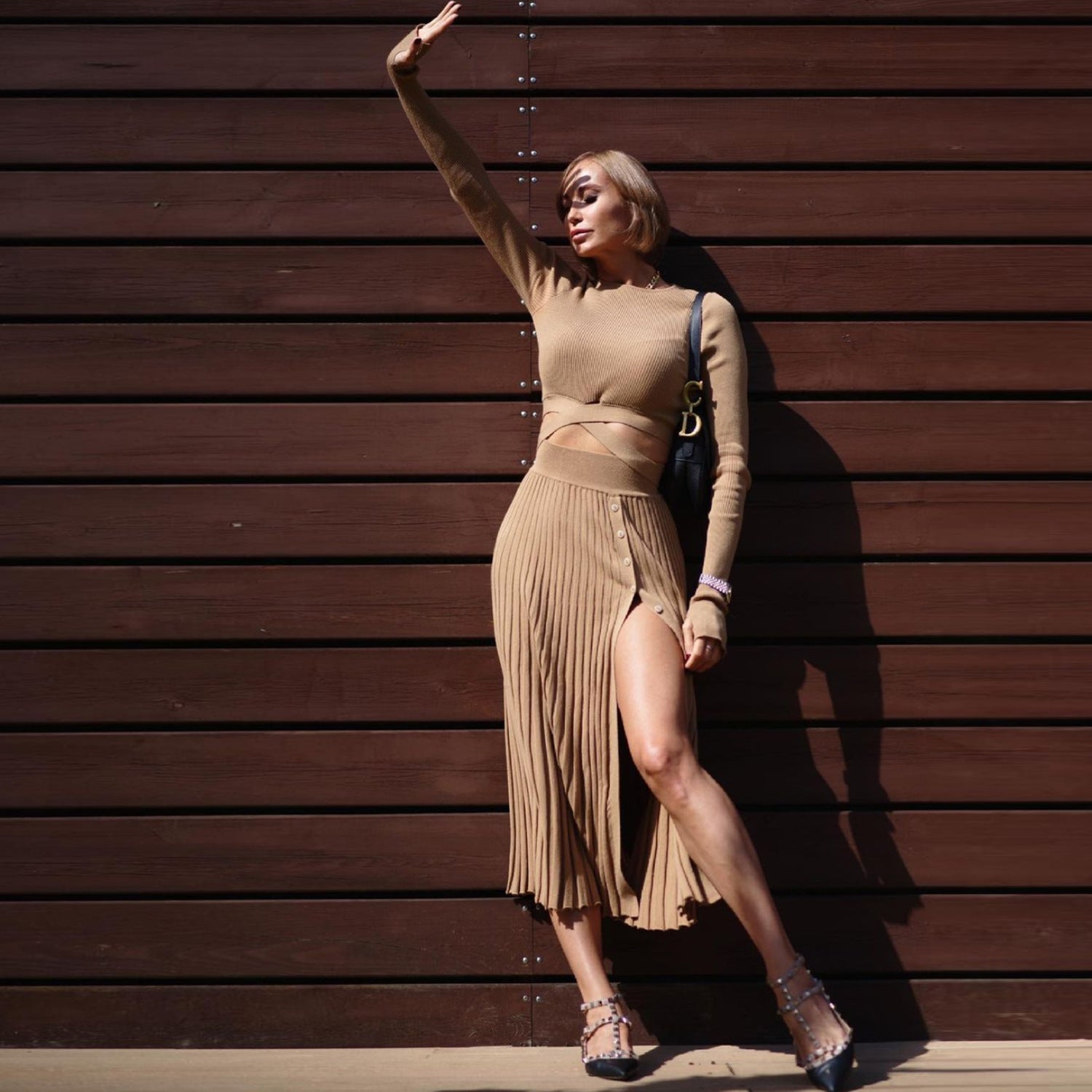 Pleated Skirt Lace-up Woolen Suit Women